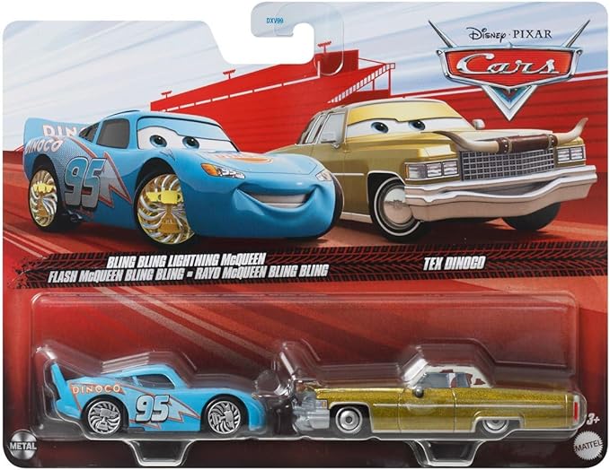 Disney Pixar Pack of 2 Metal Cars 1:55 - Die-Cast Bling Bling Lightning McQueen & Tex Dinoco
