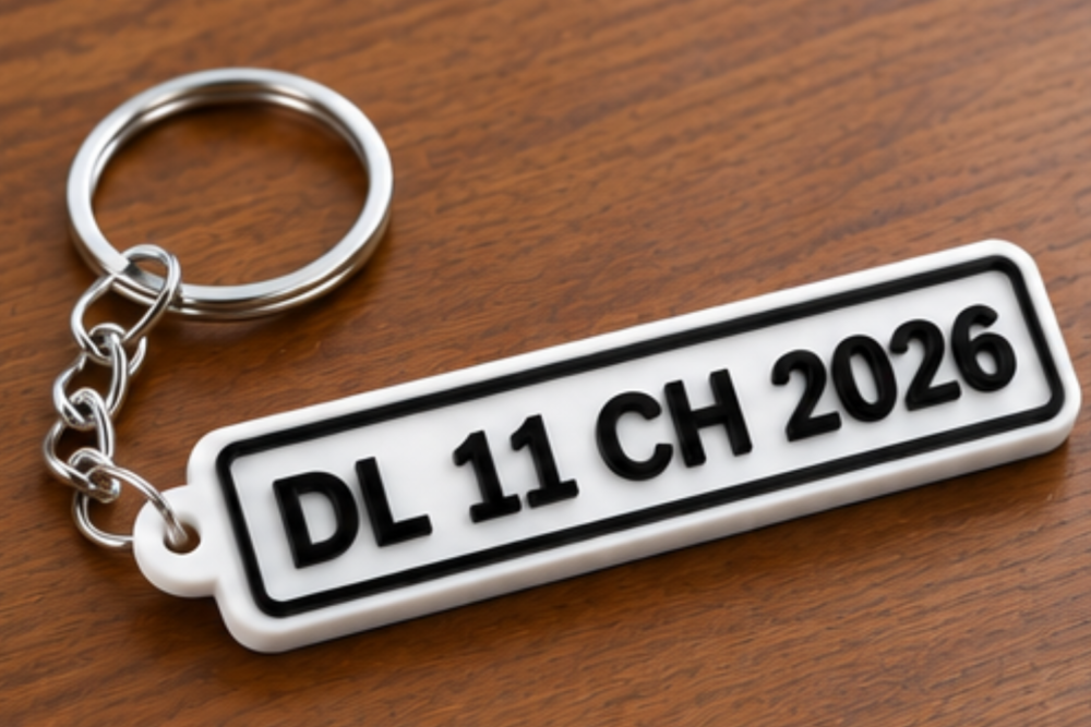 WHITE BASE BLACK TEXT Custom 3D Printed Vehicle Number Keychain